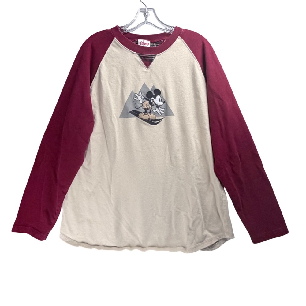 Disney Store Shirt Mens Large Tan Maroon Raglan Mickey Mouse Skiing Long Sleeve